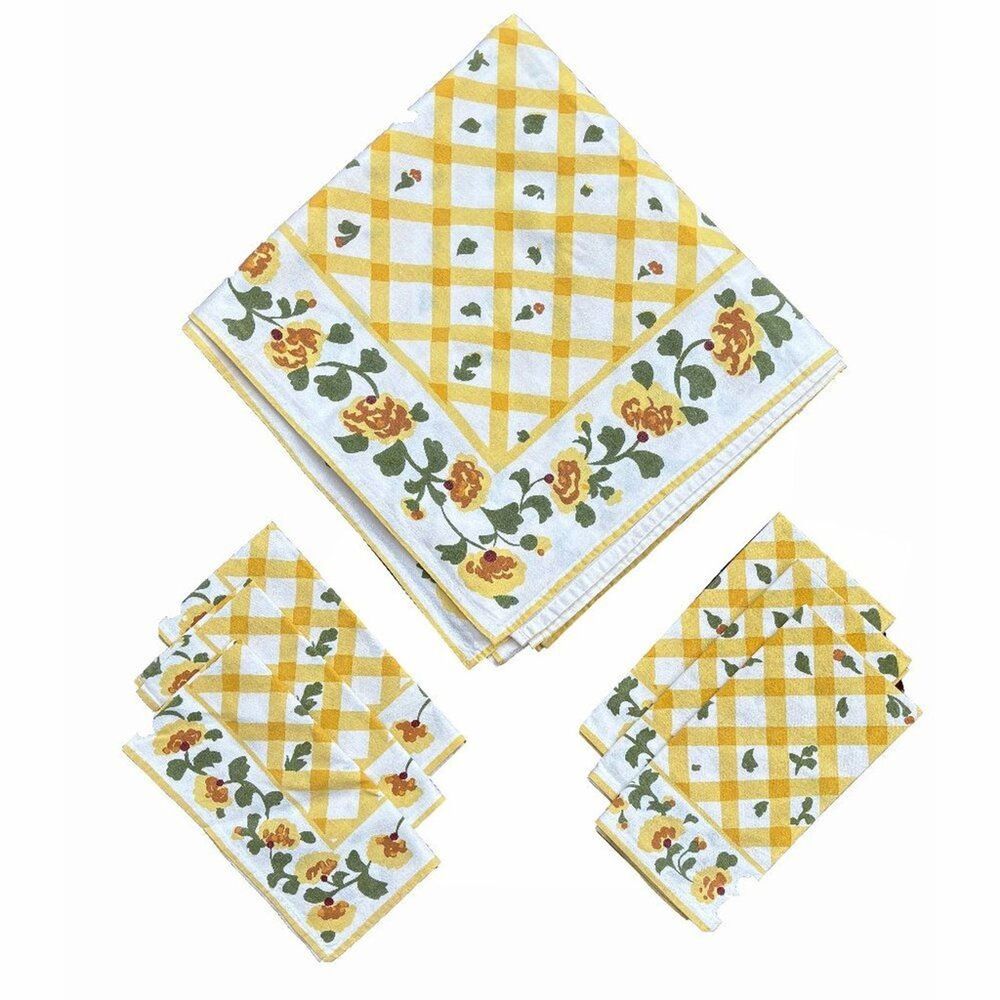 1950s Vintage Cottage Tablecloth Napkins Set Easter Shabby Decor Yellow Floral